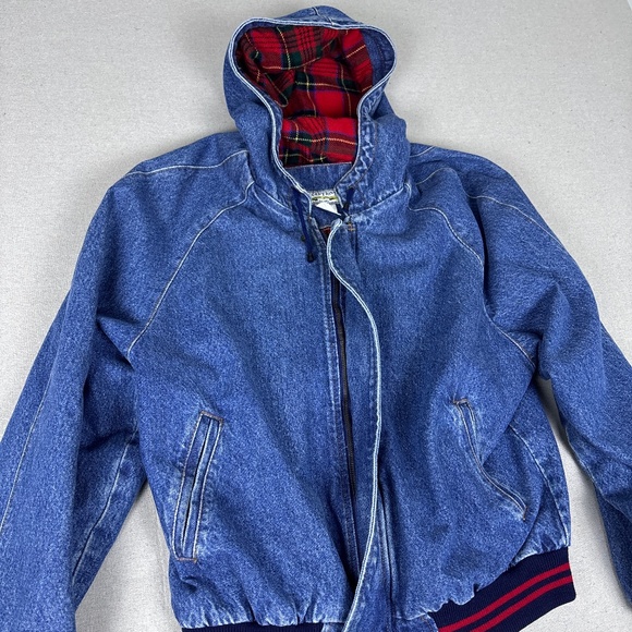 Vintage 80’s Xceptions Drop Shoulder Red Flannel Lined Striped Denim Hoodie Rare - Picture 2 of 7